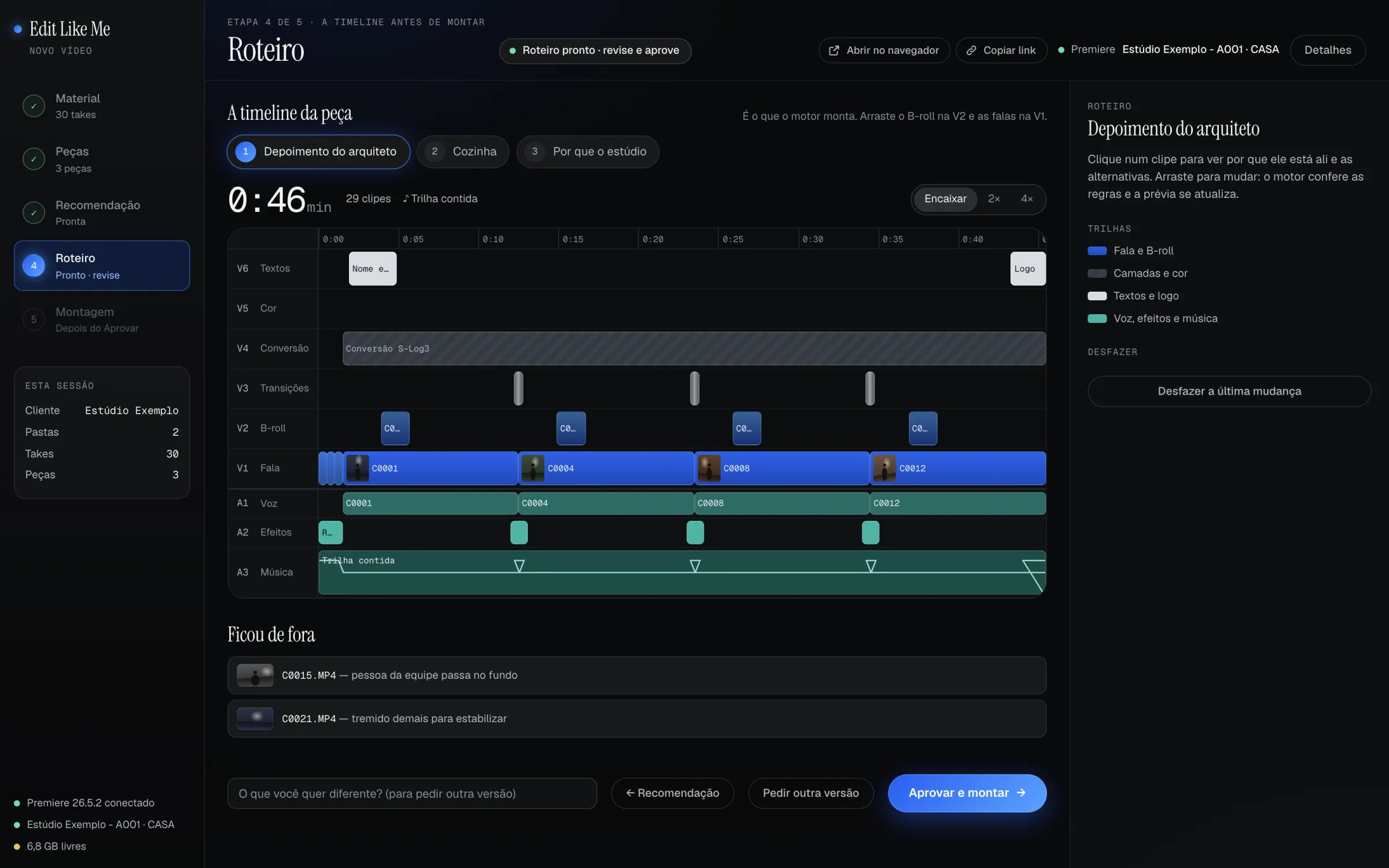 Tela Roteiro do painel: a timeline com as trilhas e a música antes de montar.